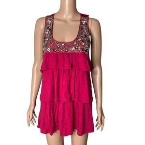 Rain Shirt Womens L Fuchsia Rhinestone Beaded Tiered Sleeveless